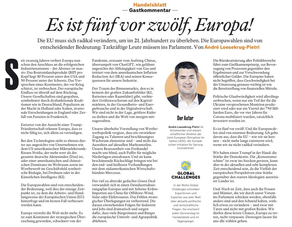 AndreLoesekrugPietri (@andrepietri) on Twitter photo Es ist fünf vor zwölf. Die EU muss sich radikal verändern, um im 21. Jahrhundert zu überleben.
Mein Gastkommentar <a href="/handelsblatt/">Handelsblatt</a> ⬇️
@eurojedi Es ist fünf vor zwölf. Die EU muss sich radikal verändern, um im 21. Jahrhundert zu überleben.
Mein Gastkommentar <a href="/handelsblatt/">Handelsblatt</a> ⬇️
@eurojedi