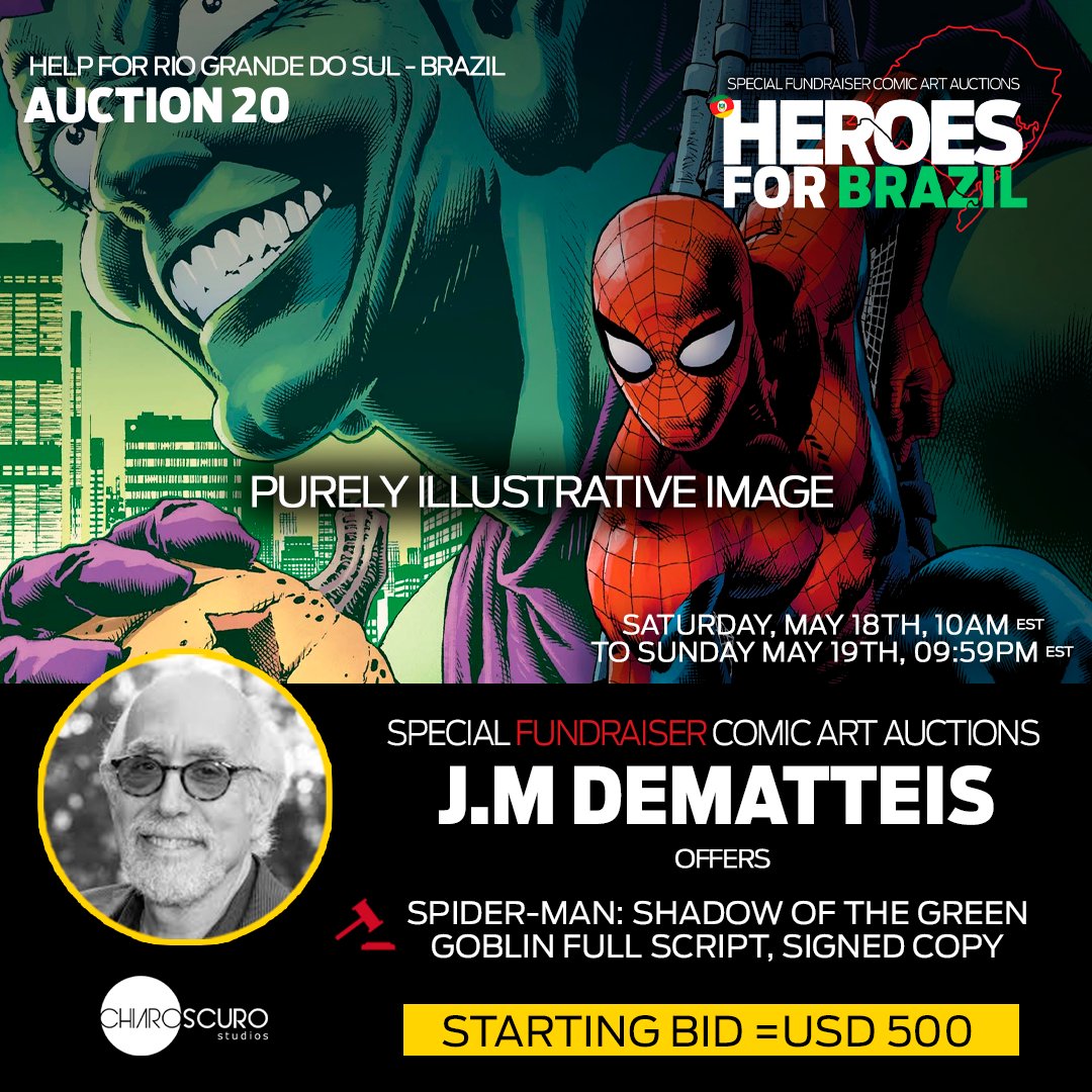 The second round of Heroes for Brazil, a special fundraiser with legendary comics creators, will take place from 10 am Saturday, May 18 to Sunday, May 19, 9:59 PM EST. You can place your bids at: x.com/chiaroscuro_ofc (Please note: It's a detailed plot, not a full script.)