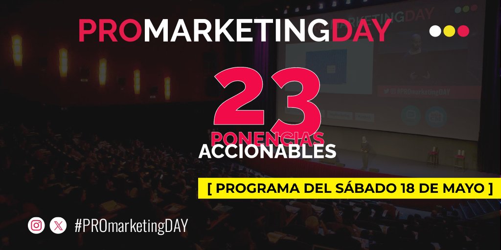 🔹 5ª edición de #PROmarketingDAY, este año con formato, Congreso con  2 días de conferencias y formación.  Un día de ponencias y un día de acciones en directo con agencias de marketing.

🔹Programa sábado 18 de mayo: 

🔹 Ponencias ACCIONABLES de 23 referentes y profesionales de