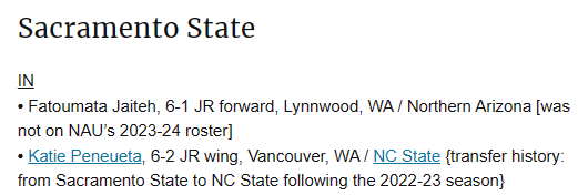 Another double transfer returning to her first school: former NC State WBB player Katie Peneueta (6-2 JR wing, Vancouver, WA) lands back at Sacramento State (but under a different head coach) wbbblog.com/womens-basketb…