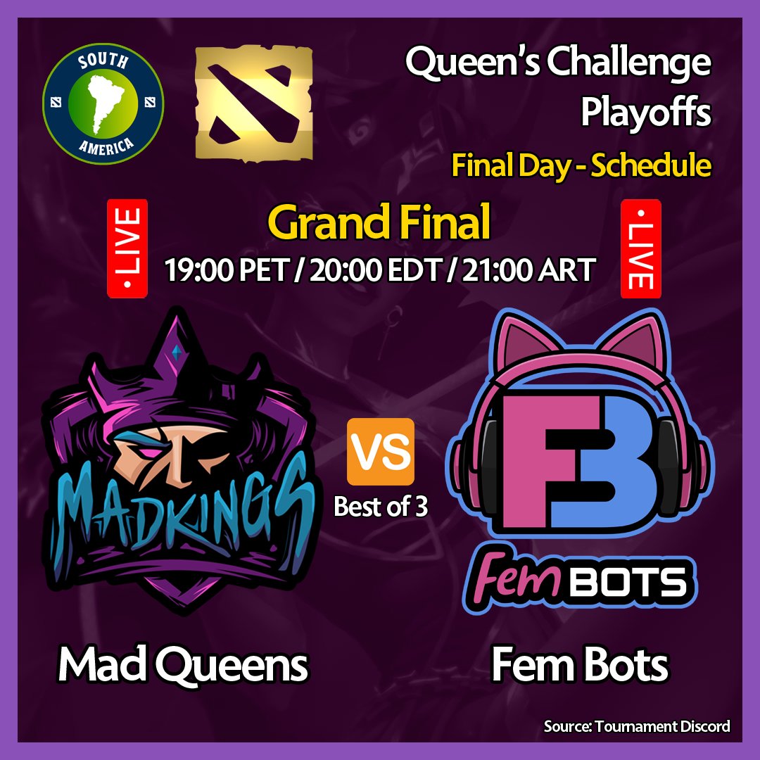 D2SouthAmerica's tweet photo. IT'S GRAND FINAL TIME!!! The @d2arg Queen's Challenge finishes today with @madkingsesports facing Fem Bots to determine the best team of the competition! ⚔️

🎦 Stream (ES):
🔴 https://t.co/zN99Y3O5QI (@AugustoChiarito) https://t.co/fquo9nRzce