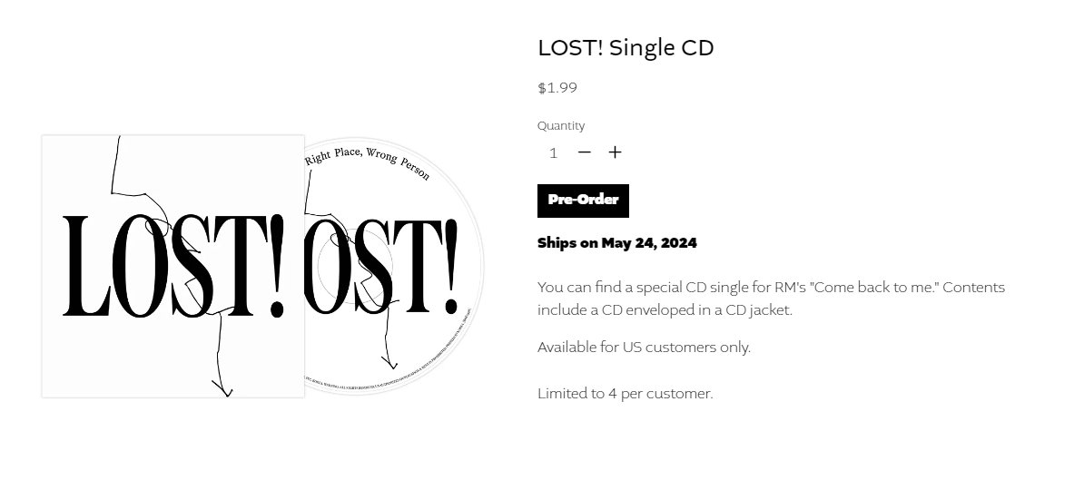The single CD Lost! is out now! *US army, please note that only 4 copies can be ordered per IP, per account, and per online payment. Inventory is 8,856. 🔗shop.bts-official.us/products/lost-… #RM_LOST #RighPlaceWrongPerson