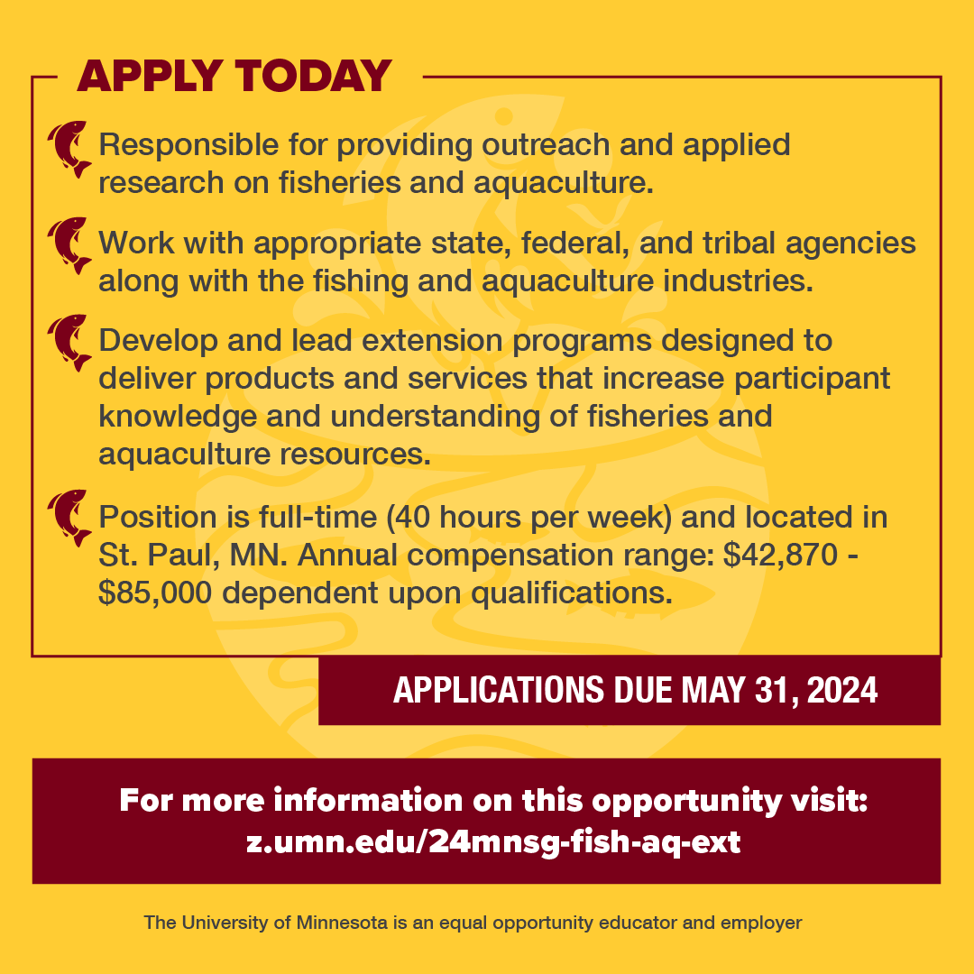 #MNSG is #NowHiring for a Fisheries and Aquaculture Assistant Extension Professor!🐟 If you're familiar with fish, this may be the job for you to make a splash. 🌊 Check the link in our bio for more information, or dive right in and apply at z.umn.edu/24mnsg-fish-aq…