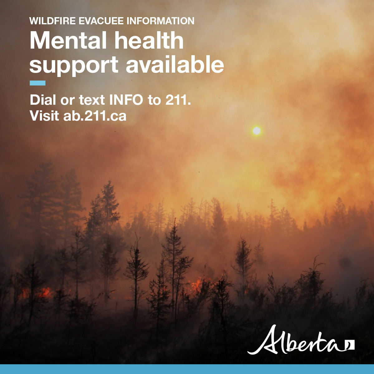 For those impacted by #ABWildfire, mental health support is available. Reach out for digital support or find nearby services by texting INFO to 211 or visit ab.211.ca You can also connect with counseling services at 1-833-827-4230 or visit counsellingalberta.com