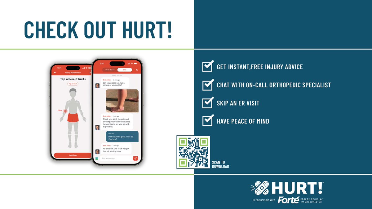Forté has partnered with HURT! to extend our patient-centered approach beyond normal business hours. Receive free and instant access to orthopedic specialists for injury treatment 24/7! Get started today on your phone or desktop: bit.ly/3Pc1Sp1. #HURTApp #BackToYourForte