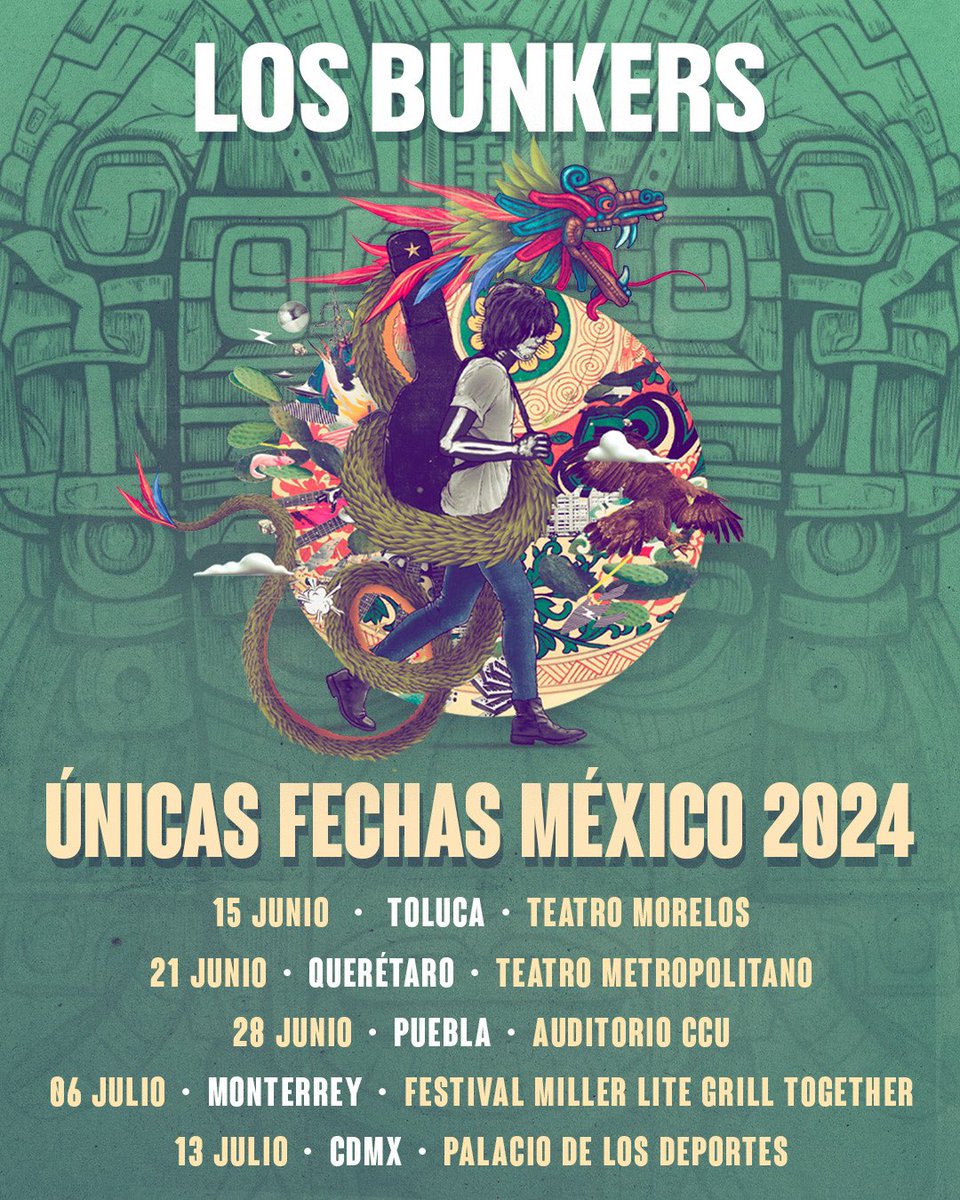 Queridas y queridos amigos de México, les compartimos las fechas en las que nos encontraremos en junio y julio 🇲🇽 Nos vemos en Toluca, Querétaro, Puebla y Monterrey, para terminar en un gran concierto el 13 de julio en el Palacio de los Deportes 🔥🤘🏻

#LosBunkers