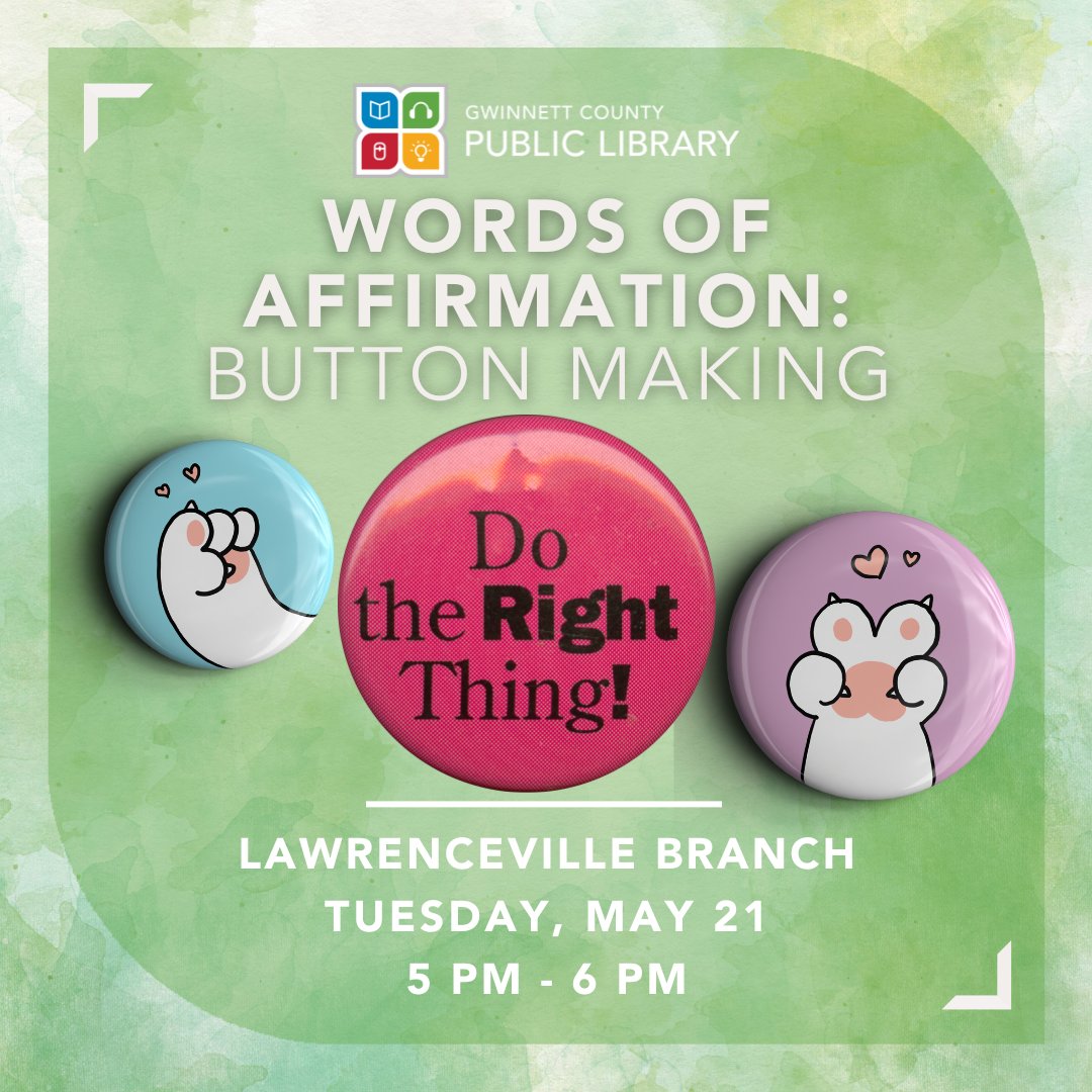 Join our uplifting discussion on the power of words of affirmation. ✨ Plus, we'll make a wearable confidence booster for yourself or someone special! Let's spread positivity, one day at a time. Visit: bit.ly/3wvAGex
#WordsOfAffirmation #SpreadPositivity #Gwinnett