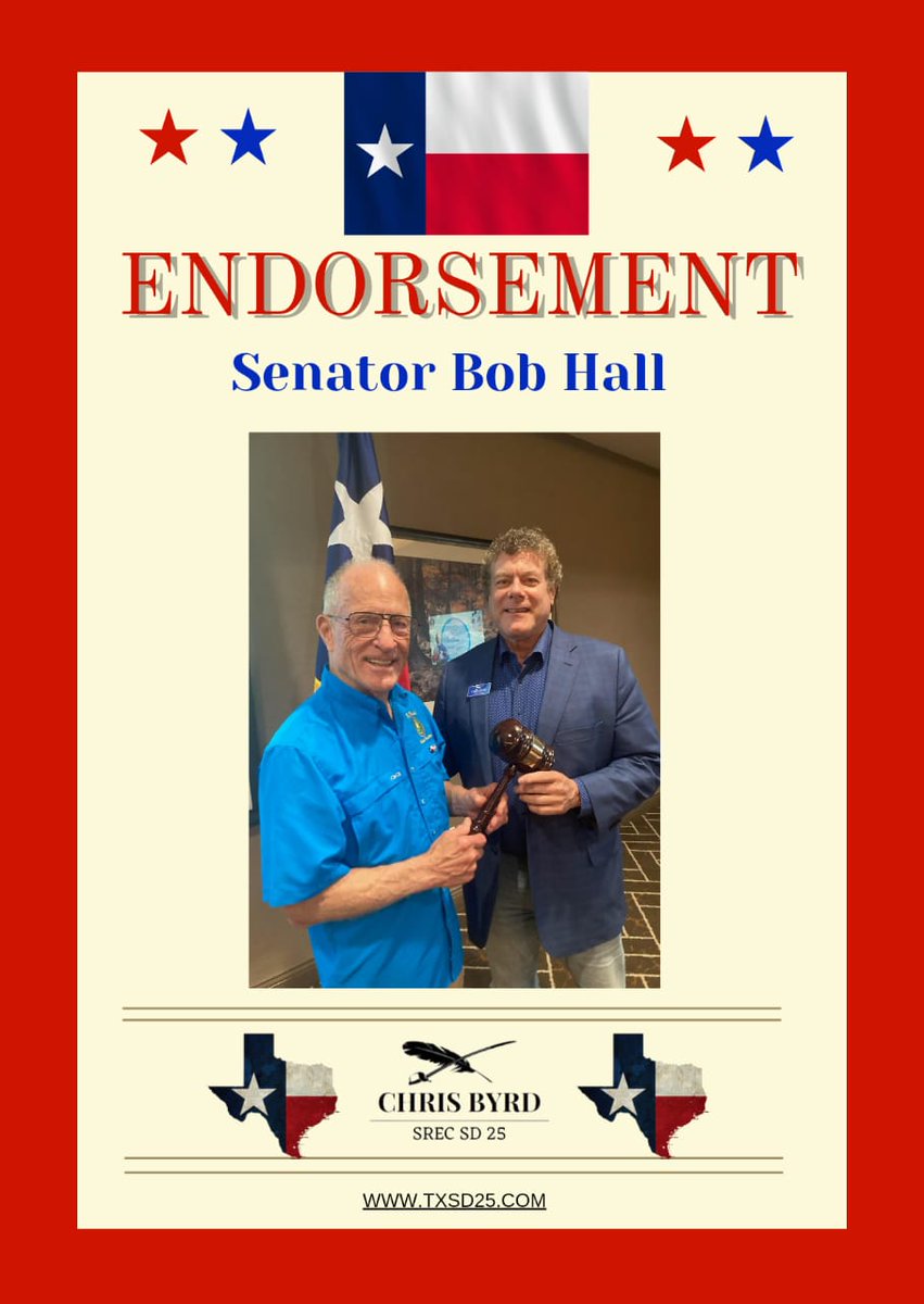 ChrisByrdTX's tweet photo. Thank you @senatorbobhall!
My commitment to #Texas and #Texans remains steadfast in #TXSD25. I so appreciate the continued support as your #SREC #Committeeman.
#GOP #VOTE #ConventionCenter #May24th #Red https://t.co/Su4tQU39A3