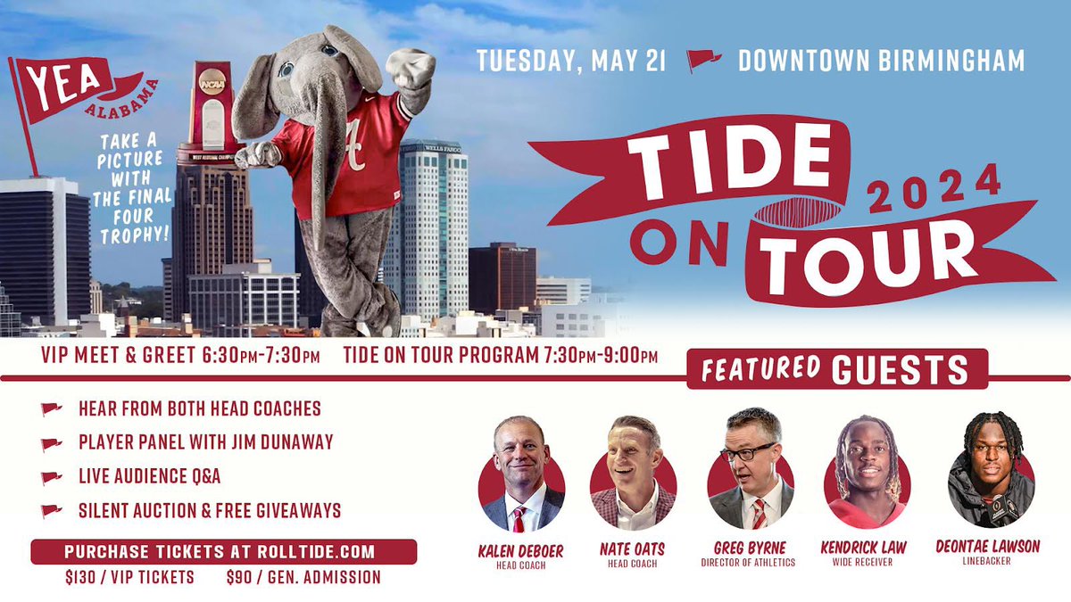 🚨ATTENTION BIRMINGHAM, are you ready to be our final Tide on Tour destination this Tuesday!!!? Buy your tickets now!🎟️ @UA_Athletics @AlabamaFTBL @AlabamaMBB