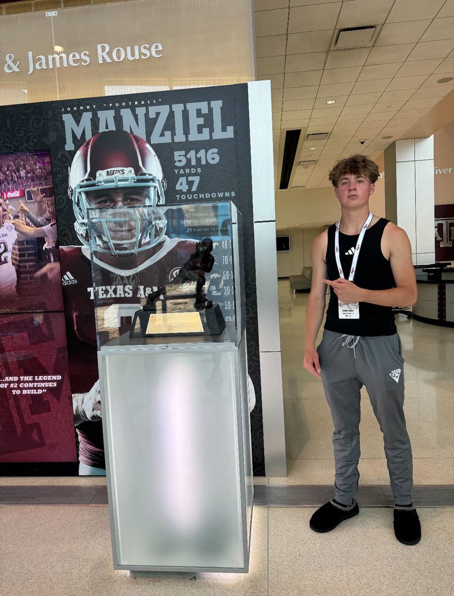 Had a great visit today at Texas A&M! Big thanks to @CoachSpur_TXAM ! @DerekMillerTAMU @AggieFootball @GregBiggins @adamgorney @ChadSimmons_ @TheUCReport @Zack_Poff_MP @BrandonHuffman