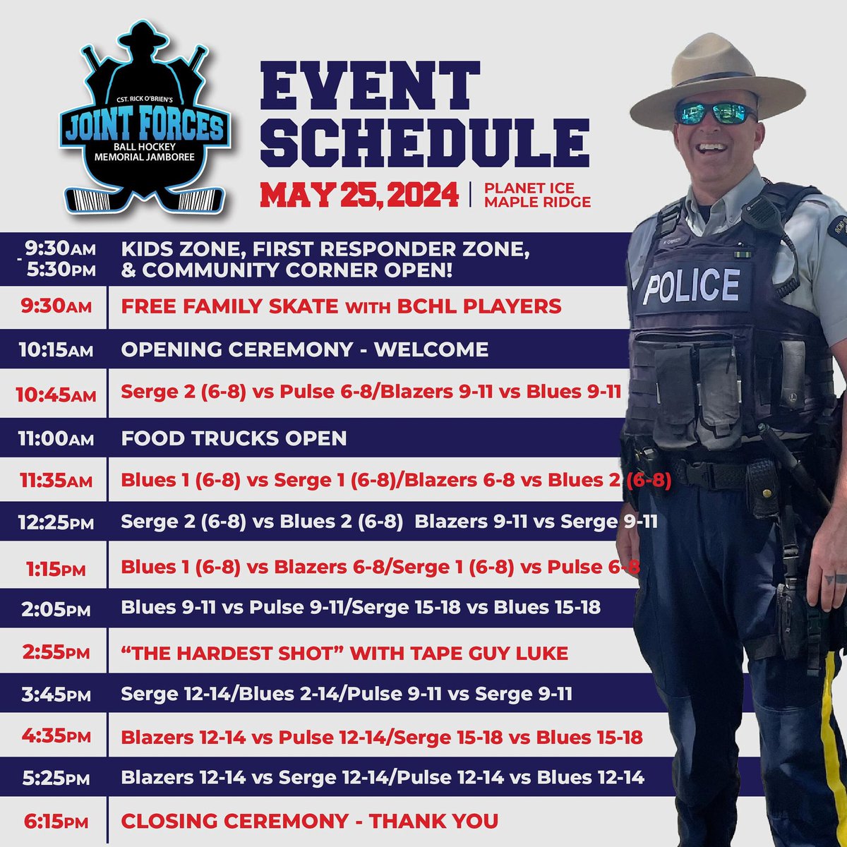 We're one week away from the Joint Forces 1st Annual Ball Hockey Jamboree! Check out the event schedule! 👀 We're excited - are you? To learn more, read our release here: ridgemeadows.rcmp-grc.gc.ca/ViewPage.actio…