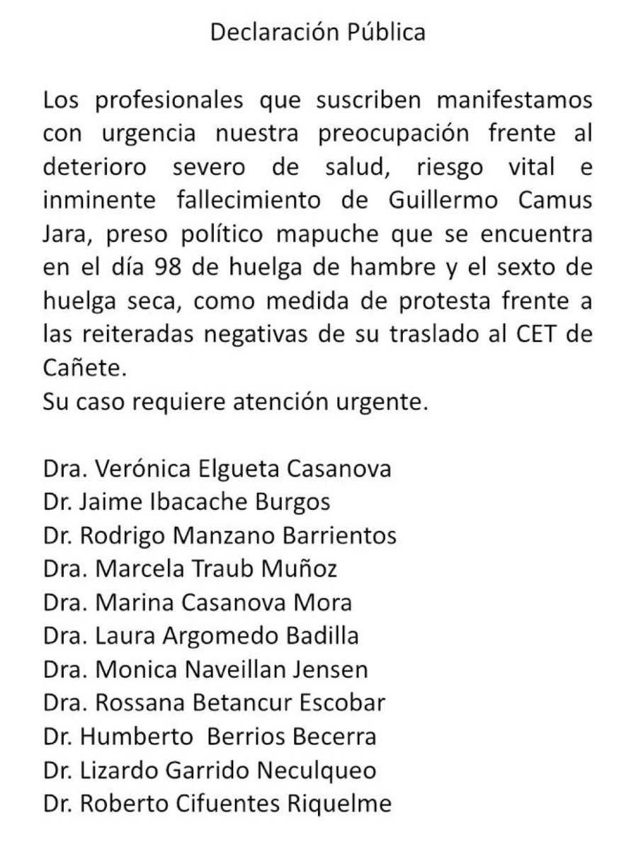 carmen_hertz's tweet image. URGENTE, profesionales de la salud advierten riesgo vital de Guillermo Camus Jara, preso mapuche que se encuentra en el día 98 de huelga de hambre y el 6 de huelga seca @LuisCorderoVega
