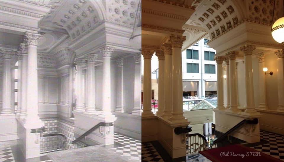 Blast from the STAN past - The main staircase at the Sydney GPO/1 Martin Place in circa 1900 and in 2015. [circa 1900 - @statelibrarynsw>2015 - Phil Harvey]