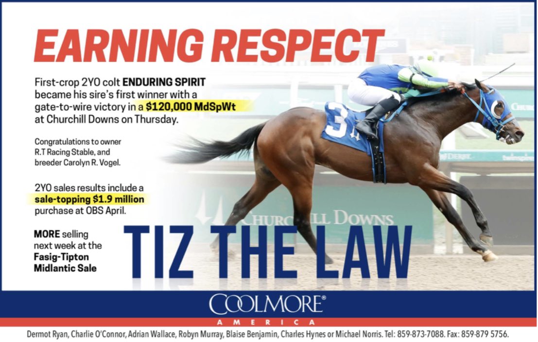 TIZ THE LAW 👊 First-crop 2YO colt ENDURING SPIRIT became his sire's first winner with a gate-to-wire victory in a $120,000 MdSpWt at Churchill Downs on Thursday. 📍 @coolmoreamerica