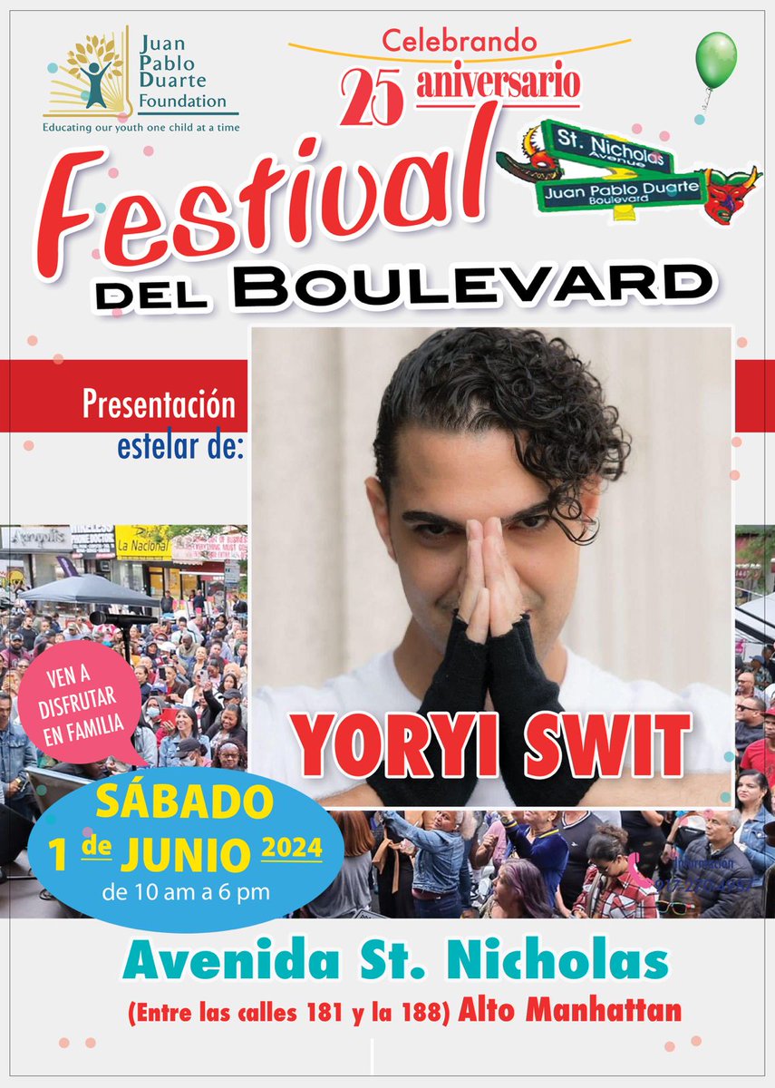 ¡Estamos a solo DOS SEMANAS del 25 aniversario del Festival Del Boulevard! Espectáculos especiales de Yoryi Swit, Rubby Pérez, Los Toros Band, <a href="/Arisjackson06/">Aris jackson</a> y más! 1 de junio de 10am a 6pm. Únete a la fiesta!

Para mas información llame al 917-270-4987. #WashingtonHeighs #Inwood