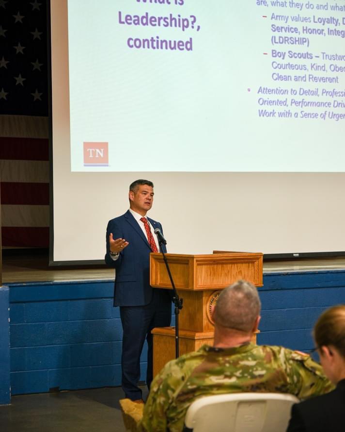 Patrick Sheehan, Director of the Tennessee Emergency Management Agency (TEMA), was the special guest speaker at the People’s First Friday event held at Joint Force Headquarters today. Director Sheehan spoke about the importance of effective leadership, especially in times of