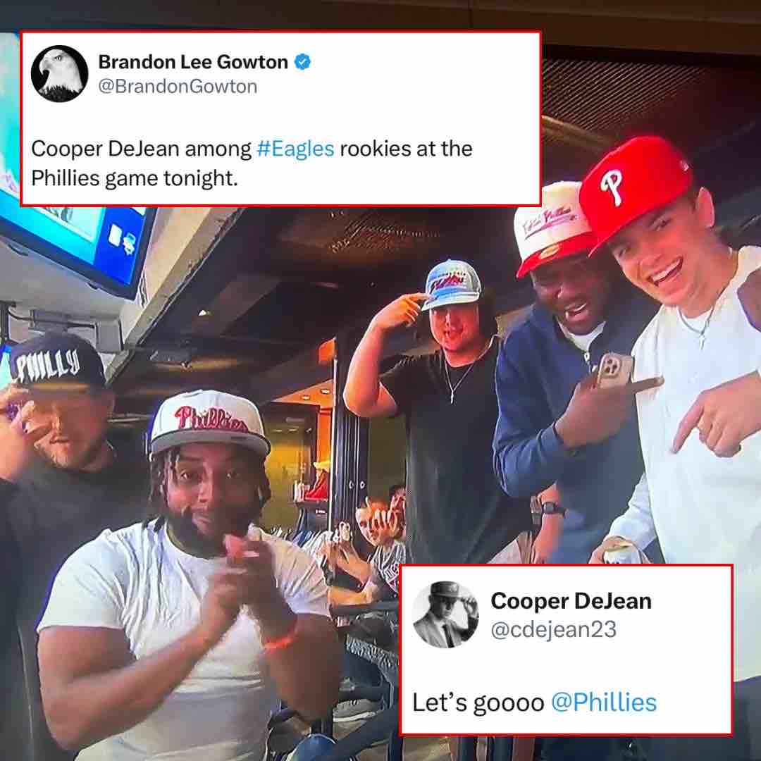 #Eagles rookies including Cooper Dejean hanging at the #Phillies game tonight pounding miller lites is a great way to ingratiate themselves to #Philly fans. 

#RingTheBell | #FlyEaglesFly