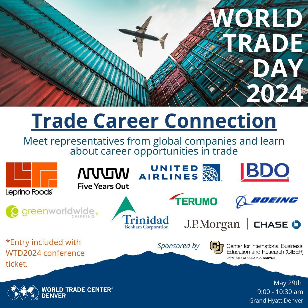Ready to take your career global? 🌍 Join us at #TradeCareerConnection during #WorldTradeDay 2024! Connect with top international companies and explore new career opportunities. #WTCDenver #CareerOpportunities #Denver #Colorado buff.ly/4bs1JH7