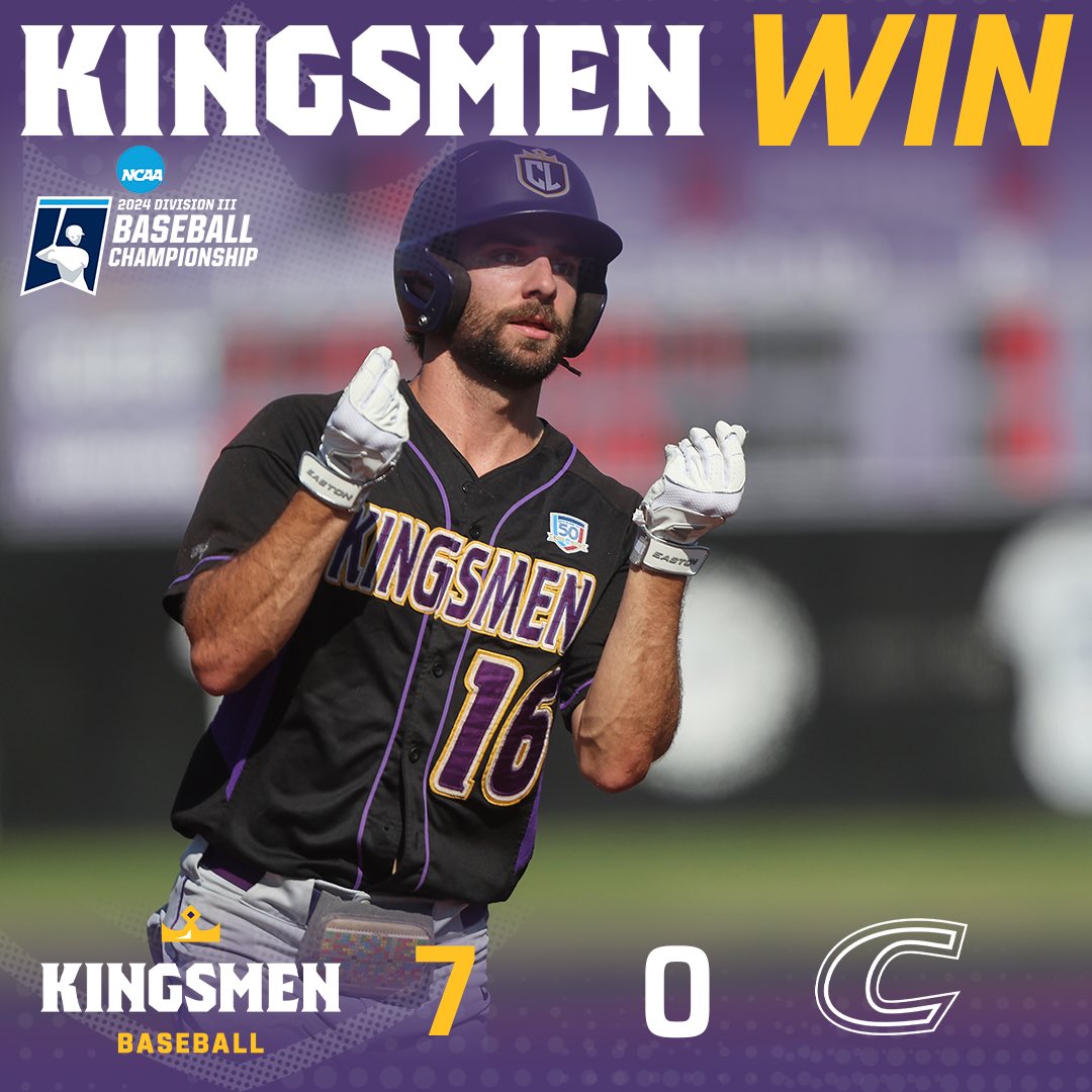 Statement win! Kingsmen Baseball shut out Centre 7-0, getting a dominant pitching performance from Luke Wechsler, and a home run from Blake Wink (pictured)! #OwnTheThrone
