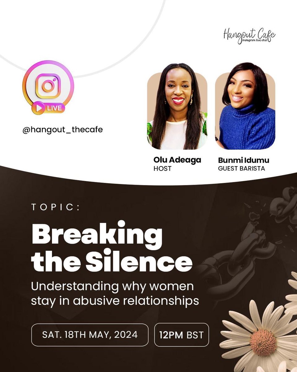 Unraveling the mysteries: Let’s explore the untold reasons why some women and men stay in abusive relationships. Join us today, Saturday 18th May as @bunmiidumu a DV survivor helps to shed some light on this issue. 

#BreakingTheSilence #Empowerment #notoviolence #mentalhealth