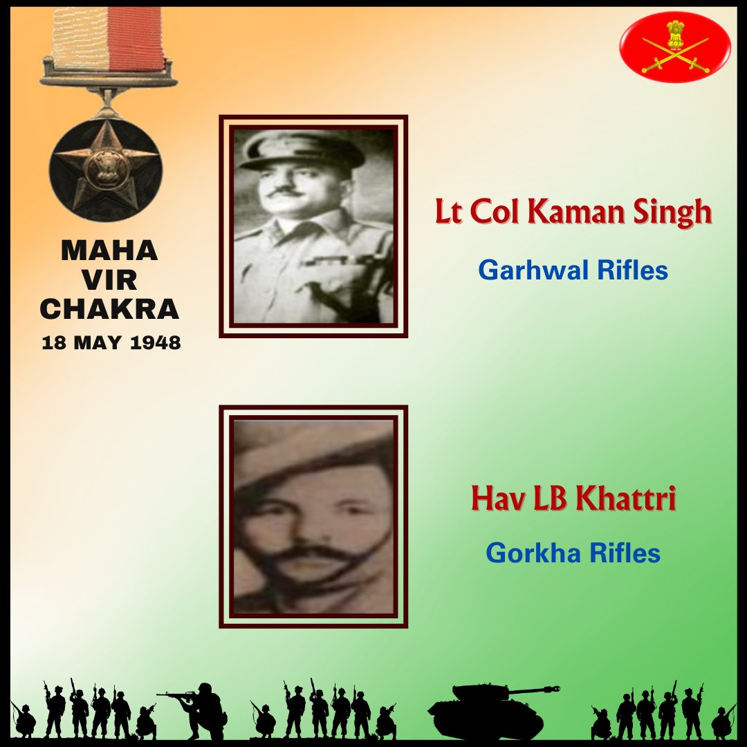 18 May 1948 Jammu and Kashmir Lt Col Kaman Singh & Hav Lal Bahadur Khattri displayed conspicuous gallantry & undaunted bravery in the face of the enemy. Awarded #MahaVirChakra. gallantryawards.gov.in/awardee/1129 gallantryawards.gov.in/awardee/1191