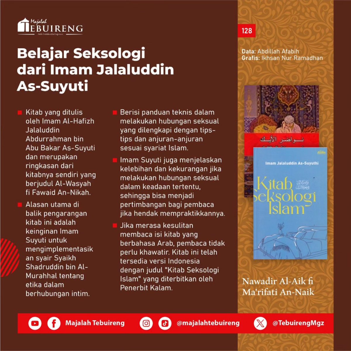TebuirengMgz's tweet photo. Semua itu ada ilmunya, termasuk ilmu tentang seksualitas. Kitab ini adalah salah satu bentuk karya ulama tentang seksologi.
#ulasankitab #jalaluddinsuyuti #kitabseksologiislam #seksualitas #suamiistri #majalahtebuireng #tebuirengmediagroup #pesantrentebuireng #infografis https://t.co/XY6YiFkA3J