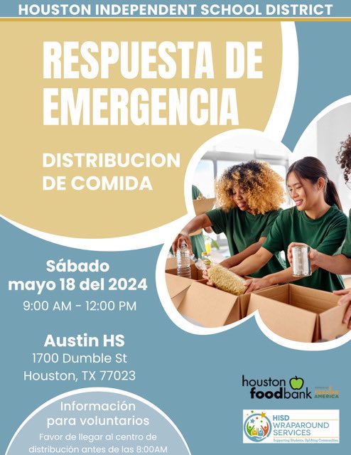 Familias de @EAST_ECHS :
Mañana habrá una distribución de alimentos en la escuela secundaria de Austin. Pase por aquí y compártala con cualquiera que pueda necesitar recursos. Por favor mantenganse a salvo.