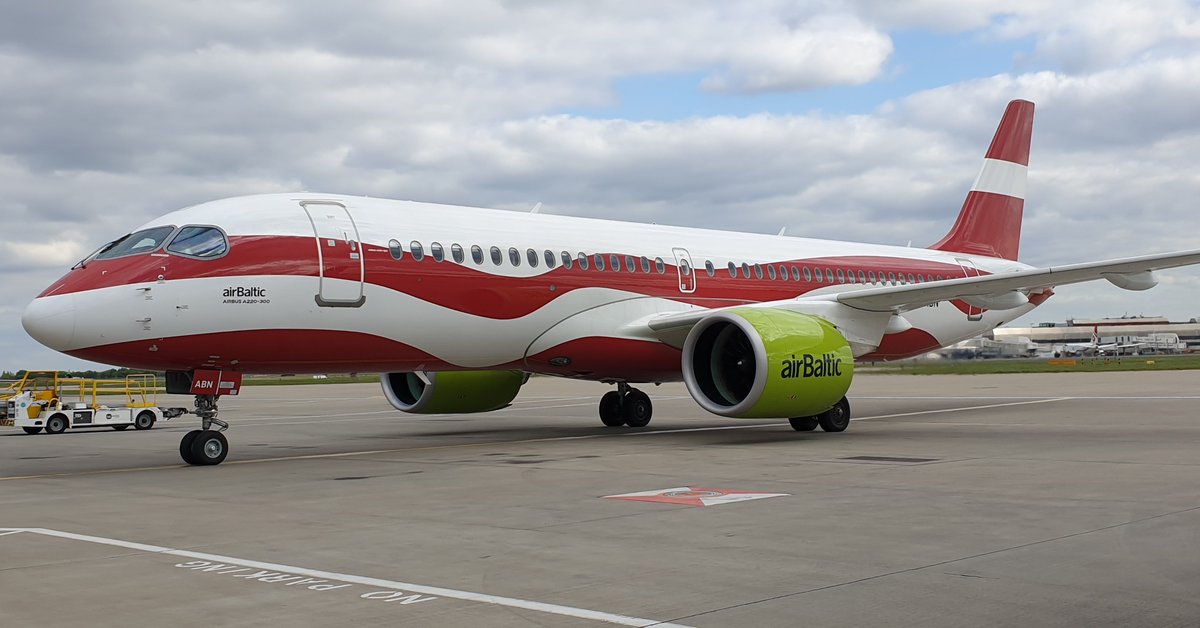 @jasonlanesplanes Air Baltic Airbus A220-300 YL-ABN Latvian Flag livery operating for Eurowings Heathrow Airport 20-4-2024