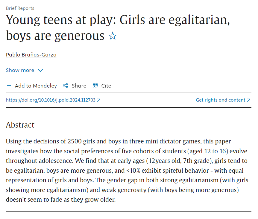 Young teens at play: Girls are egalitarian, boys are generous doi.org/10.1016/j.paid…

"<10 % exhibit spiteful behavior - with equal representation of girls and boys."