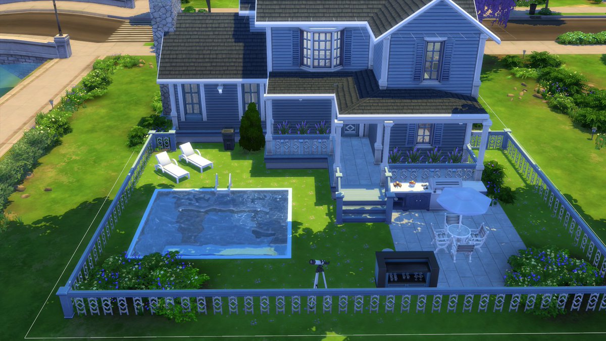 My 4 bed, 3 bath house. Backyard has patio/grill,bar, telescope, & a pool. Front yard includes a fountain, & bird bath. #ShowUsYourBuilds #TheSims #TheSims4 @SimsCreatorsCom @TheSims @thesimmerssquad @PlumbobParti @simsshare @CreatorsClan @simsfederation