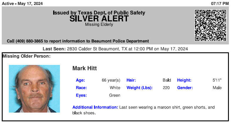 ACTIVE SILVER ALERT for Mark Hitt from Beaumont, TX, on 05/17/2024