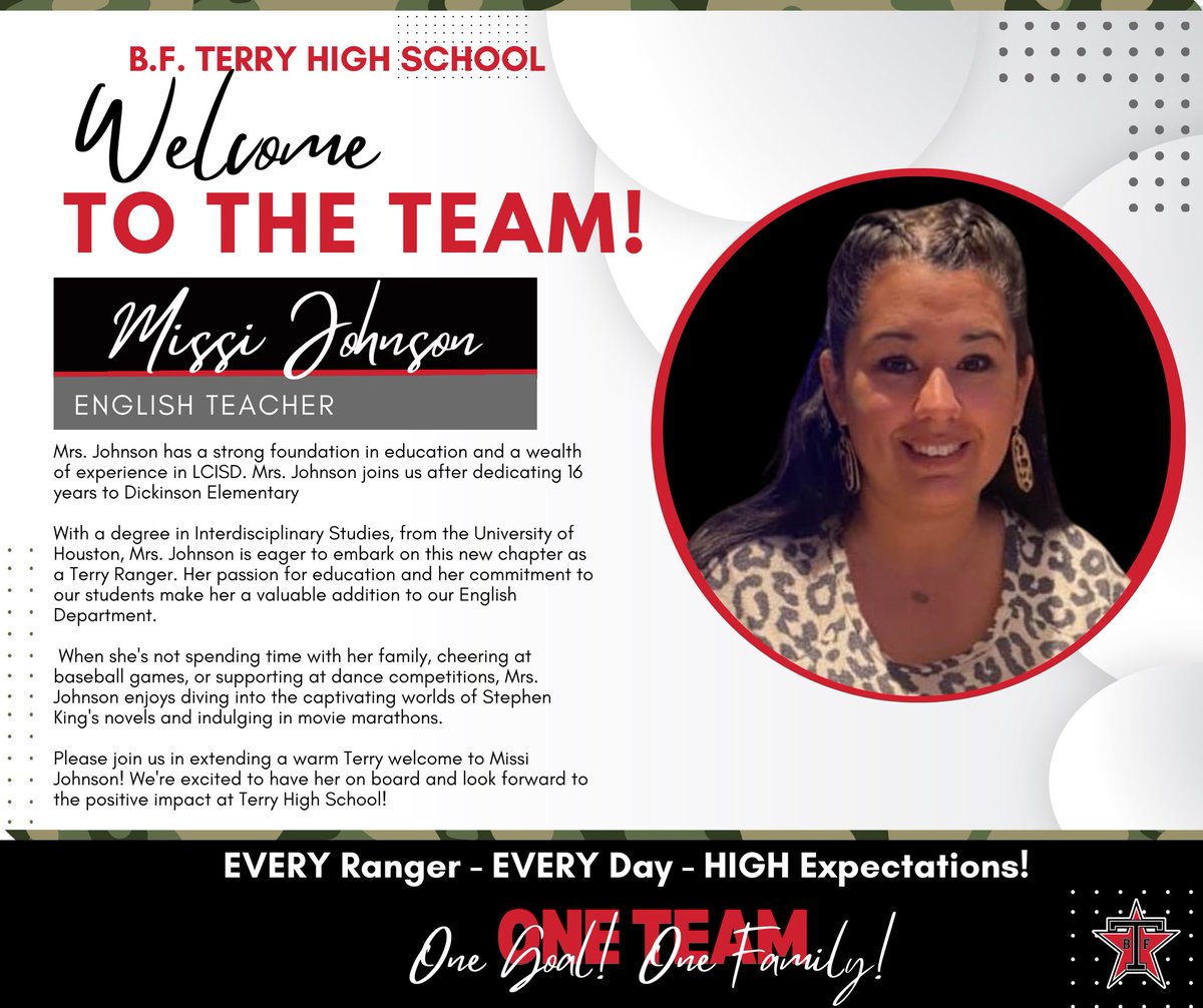 🎉 Exciting News! 🎉 THS is thrilled to welcome Mrs. Johnson to Ranger Nation! She loves kids, believes in high expectations, & is ready to join our amazing team of educators. Together, we will embrace our theme for ‘24-‘25: One Team, One Goal, One Family! 💫 #RangerNation ❤️