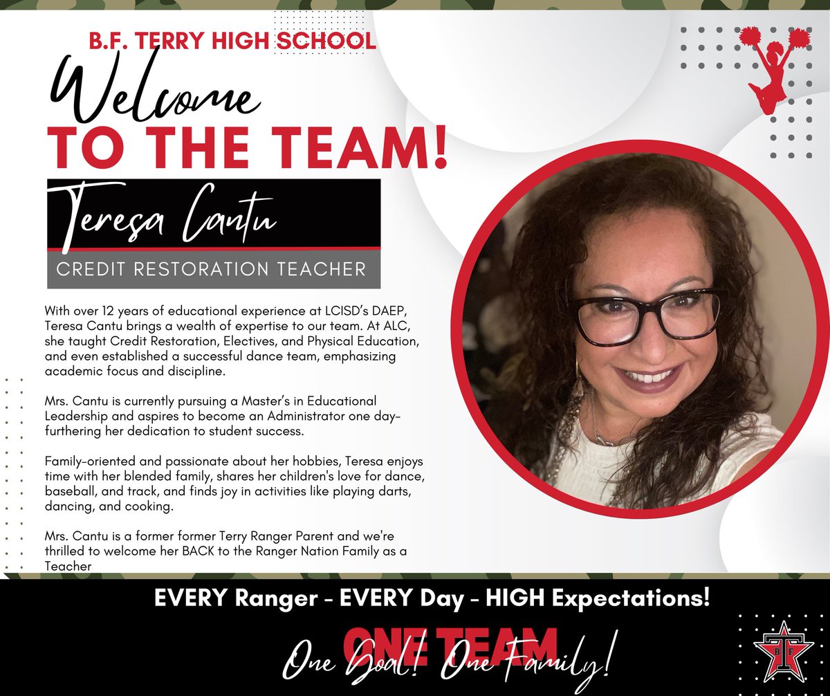 🎉 Exciting News! 🎉 THS is thrilled to welcome Mrs. Cantu to Ranger Nation! She loves kids, believes in high expectations, & is ready to join our amazing team of educators. Together, we will embrace our theme for ‘24-‘25: One Team, One Goal, One Family! 💫 #RangerNation ❤️