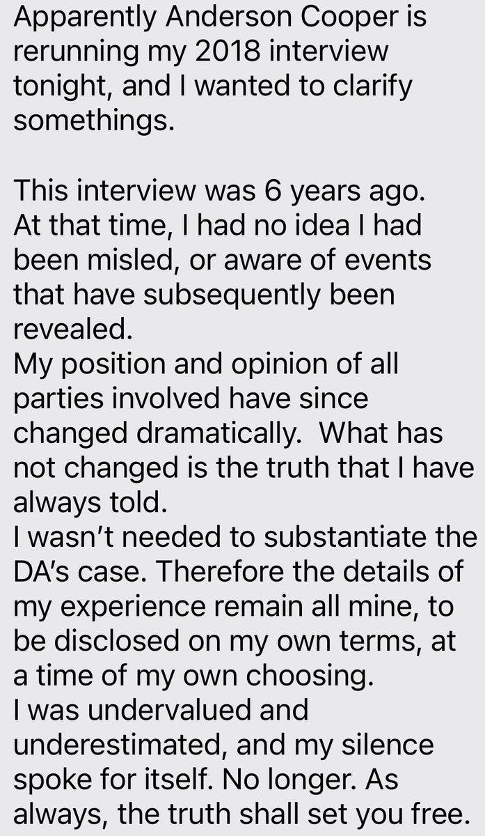 Apparently Anderson Cooper is rerunning my 2018 interview tonight, and I wanted to clarify somethings. This interview was 6 years ago. At that time, I had no idea I had been misled, or aware of events that have subsequently been revealed.