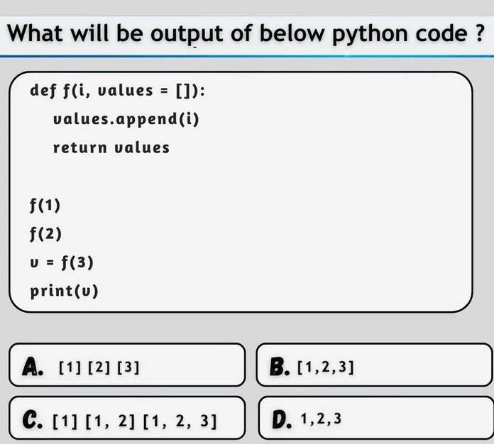 Python Question / Quiz;
What is the output of the following Python code, and why? 🤔🚀 Comment your answers below! 👇

#python #programming #developer #morioh #programmer #coding #coder #webdeveloper #webdevelopment #pythonprogramming #pythonquiz #machinelearning #datascience