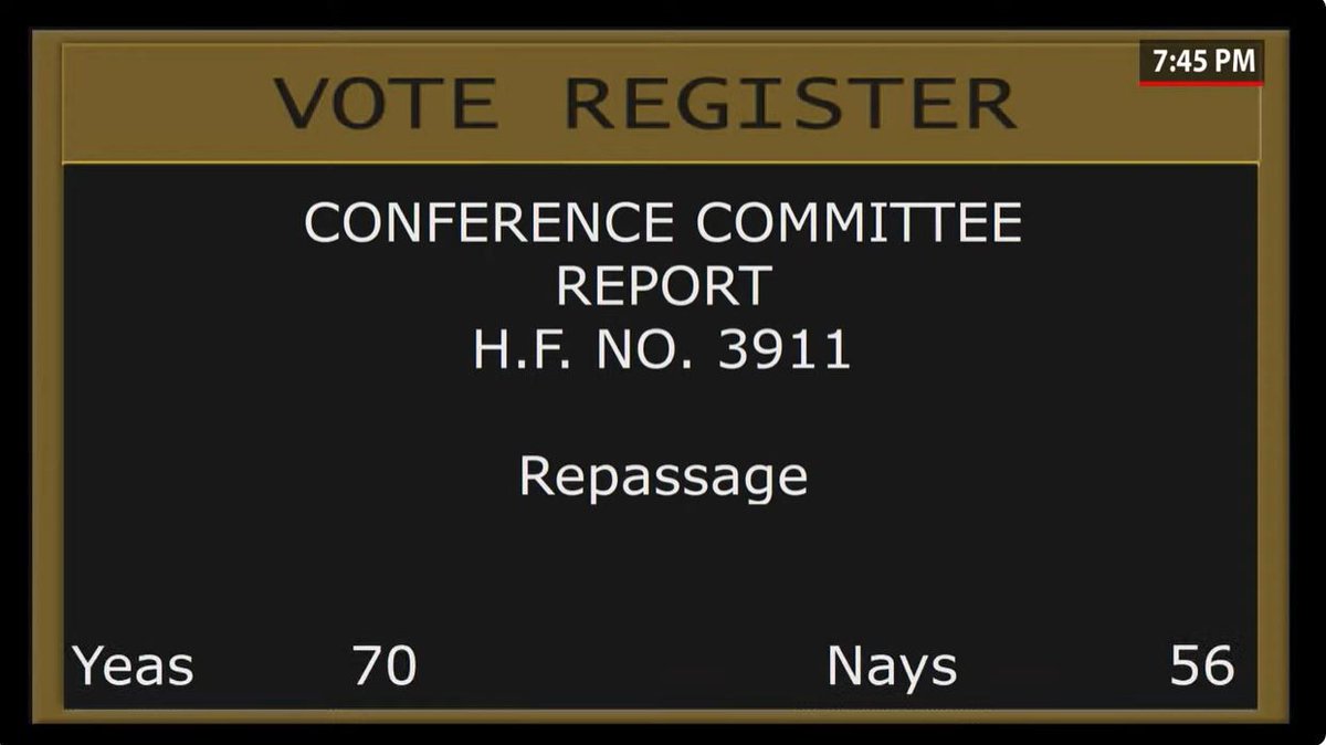 #mnhouse repasses HF3911, as amended in conference committee, by a 70-56 vote. The environment and natural resources supplemental budget bill now goes to the Senate. #mnleg