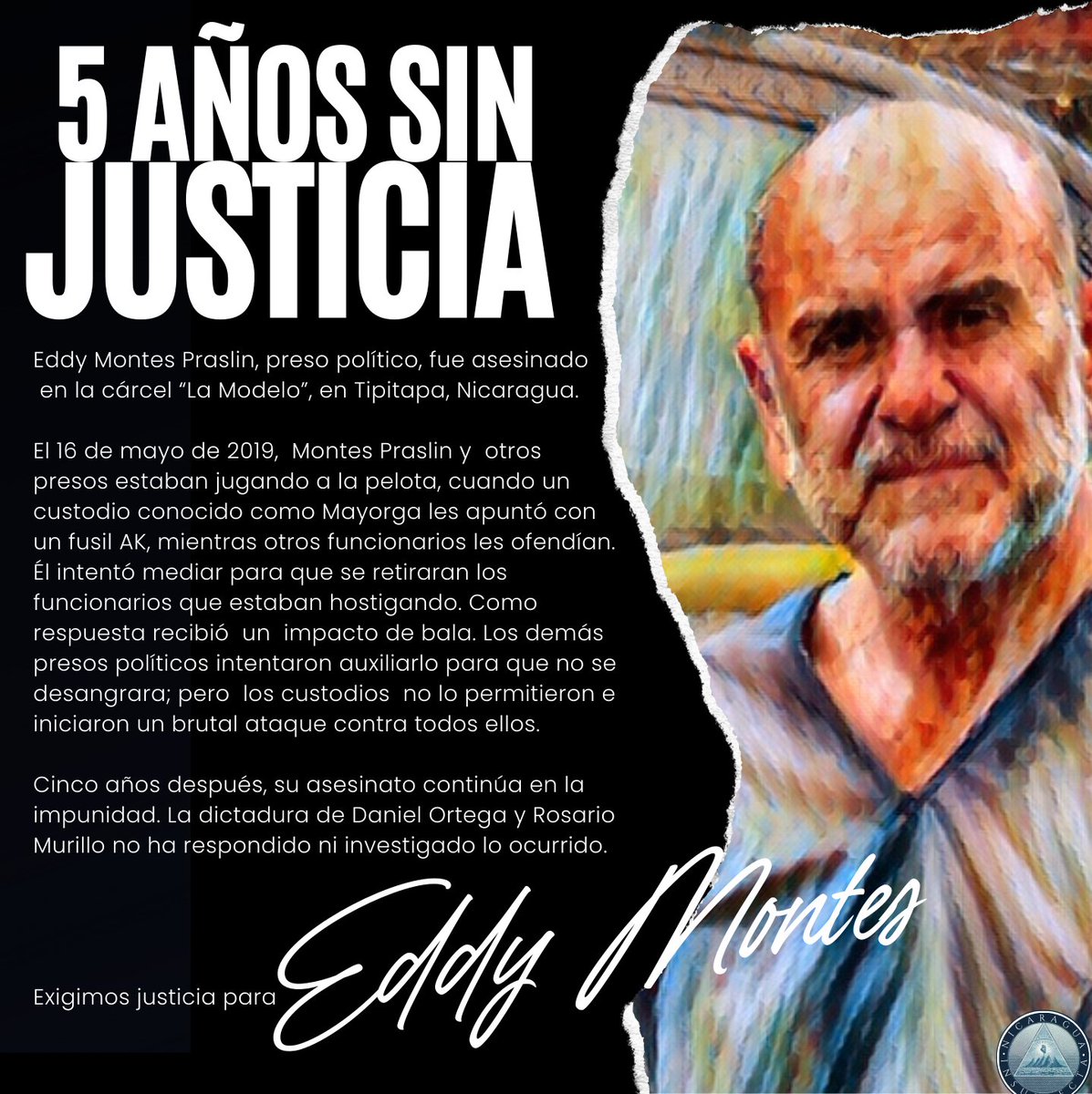 Justicia para Eddy Montes Praslin y para todas las víctimas de la dictadura Ortega Murillo.

#SOSNicaragua
#LibertadYa
#PresosPolíticos
