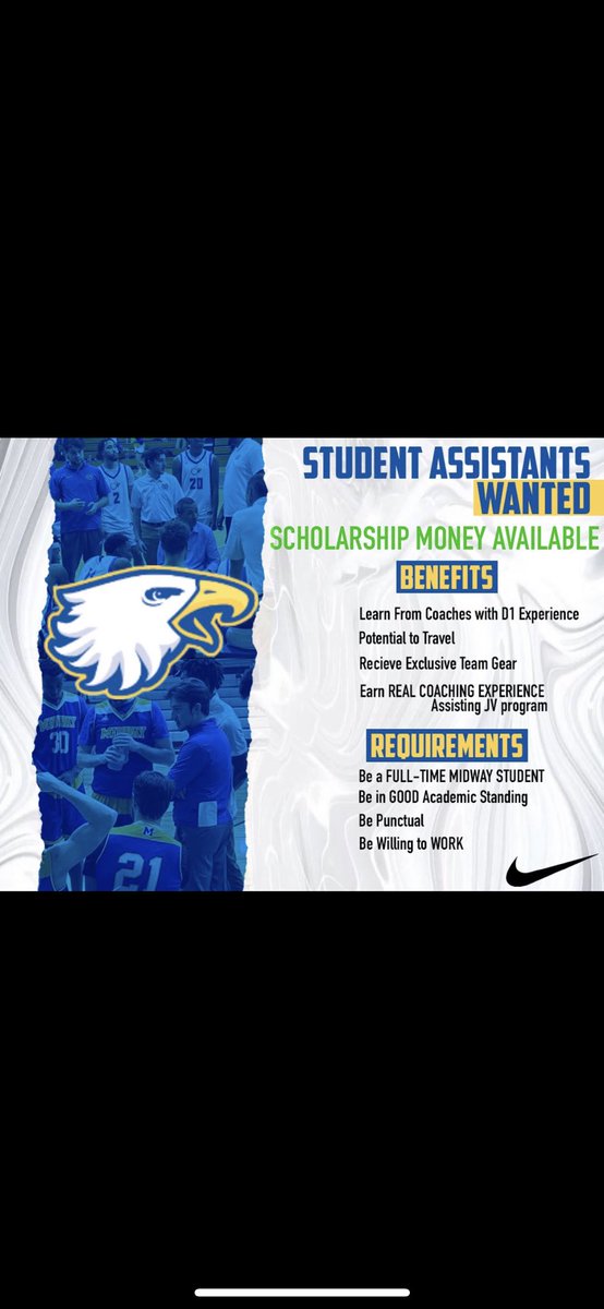 Midway University Men’s Basketball (@midwayu_mbb) on Twitter photo Great opportunity🗣️ for anyone who loves the game💙 #FOE #DYJ
Email jack.hancock@midway.edu for more information Great opportunity🗣️ for anyone who loves the game💙 #FOE #DYJ
Email jack.hancock@midway.edu for more information
