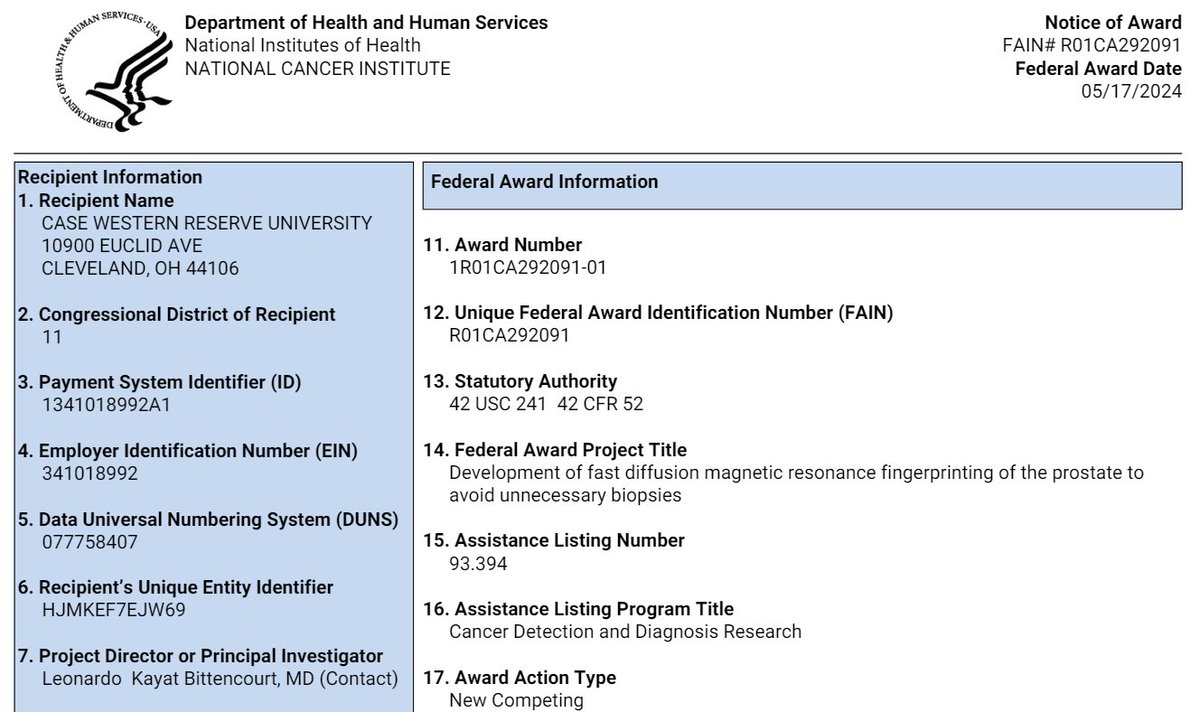 Some amazing news to end the week! 
Just got my first #NIH R01 grant awarded, with amazing co-PIs <a href="/MRI_Dan/">Dan Ma</a> and Yong Chen.
Looking forward to helping further advance MRI-directed diagnostic pathways of #prostatecancer to the benefit of our patients.