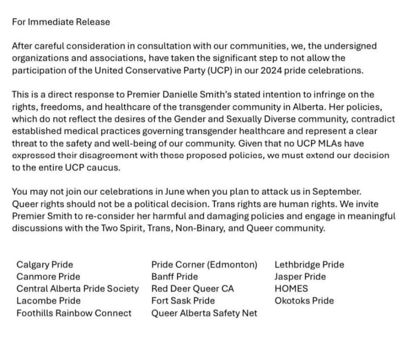 The UCP caucus has been banned from attending pride events due to Smiths proposed attacks on transgender Albertans. #abpoli #ableg #cdnpoli