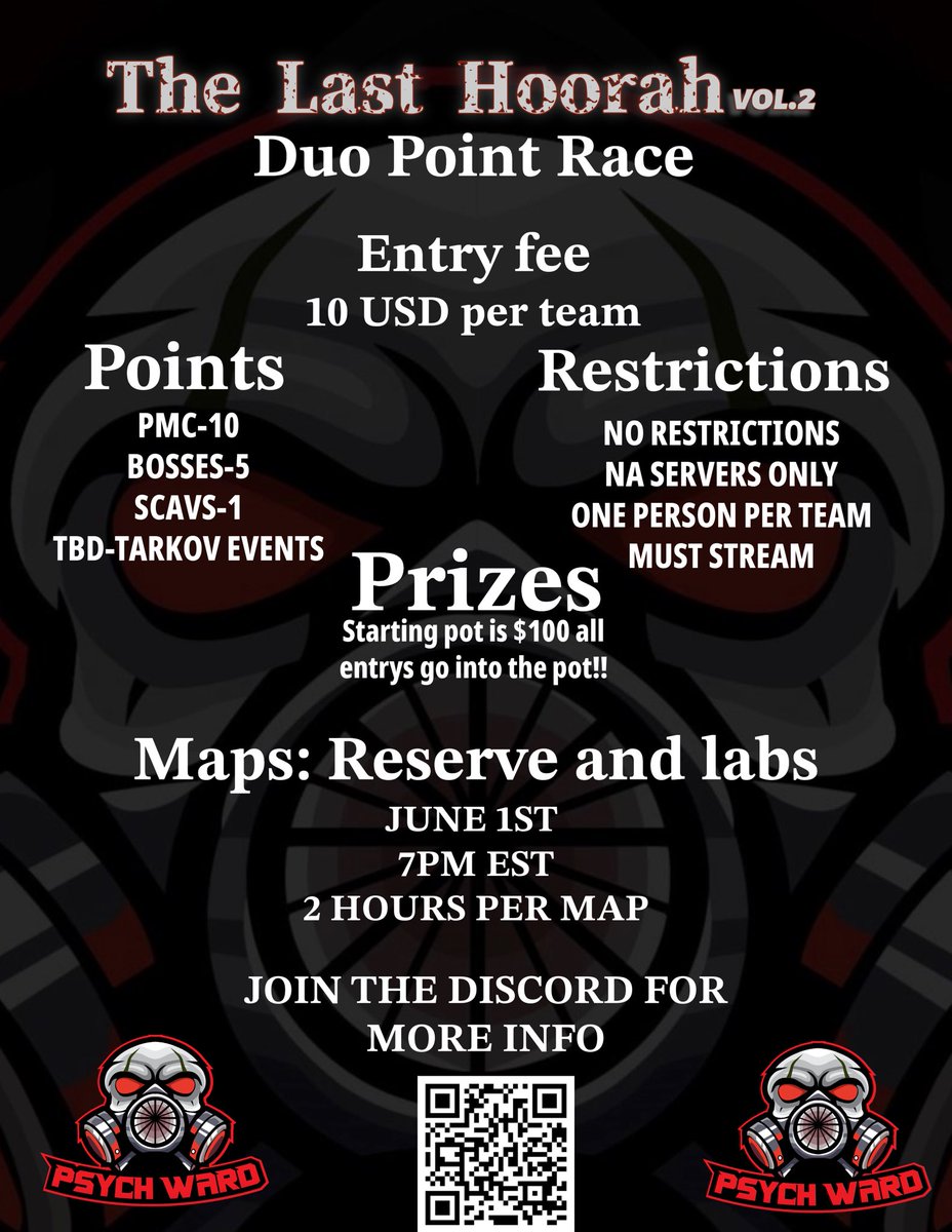 Bigguy0007_TT's tweet image. Alright labs and reserver  rats we are hosting a tournament on June 1st!!!!  @PsychWard2023 @chubbyhubby09tv @Nealyboyz @nikgeneburn @bstategames  @tarkov @LawnDartLaneTV @FilthyoneTTV