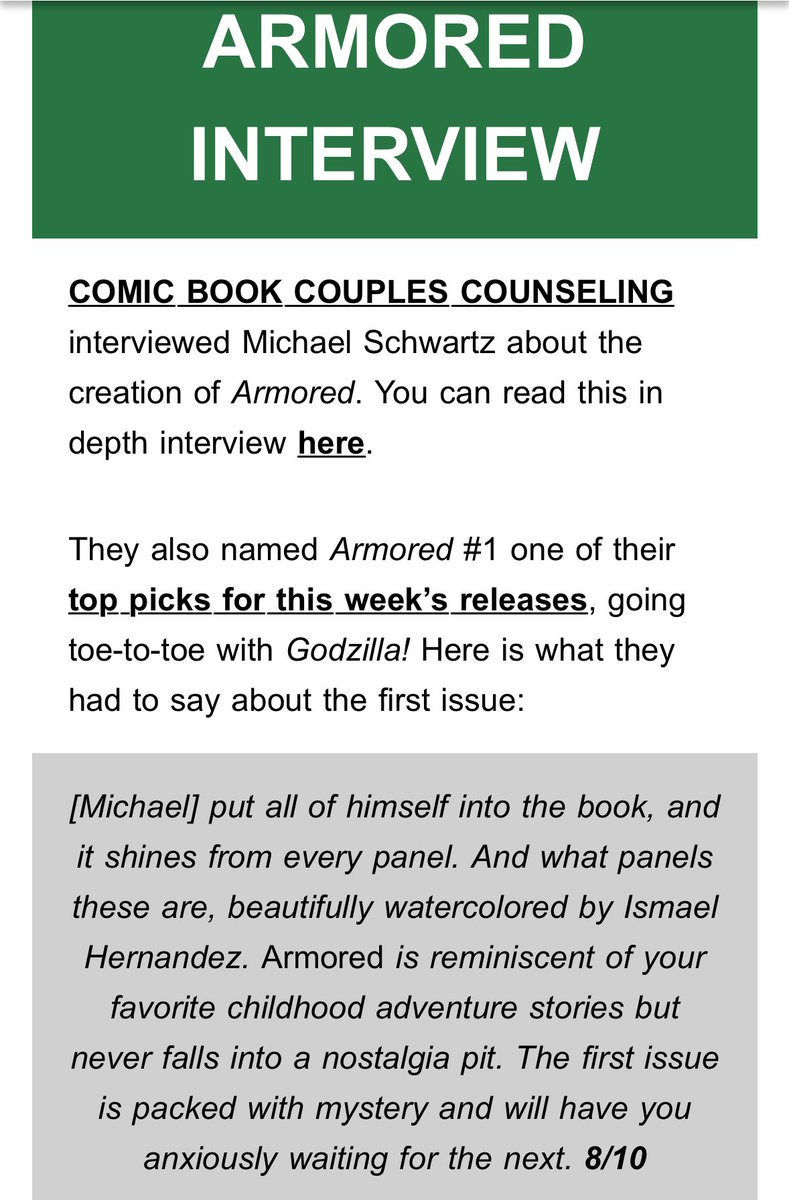 Thank you @clover_press for highlighting our recent interview with ARMORED writer @TheMikeSchwartz in your latest newsletter❤️❤️