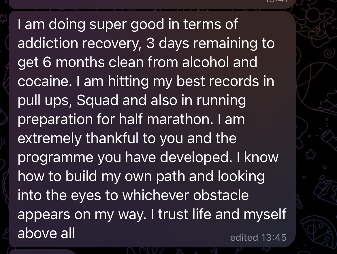 6+ months clean from alcohol, cocaine, amphetamines and pornography Ran a half marathon last weekend Client from one of our earlier cohorts. Was in BAD shape when he came to me but the one thing we never fail on is to DELIVER RESULTS Champion spirit