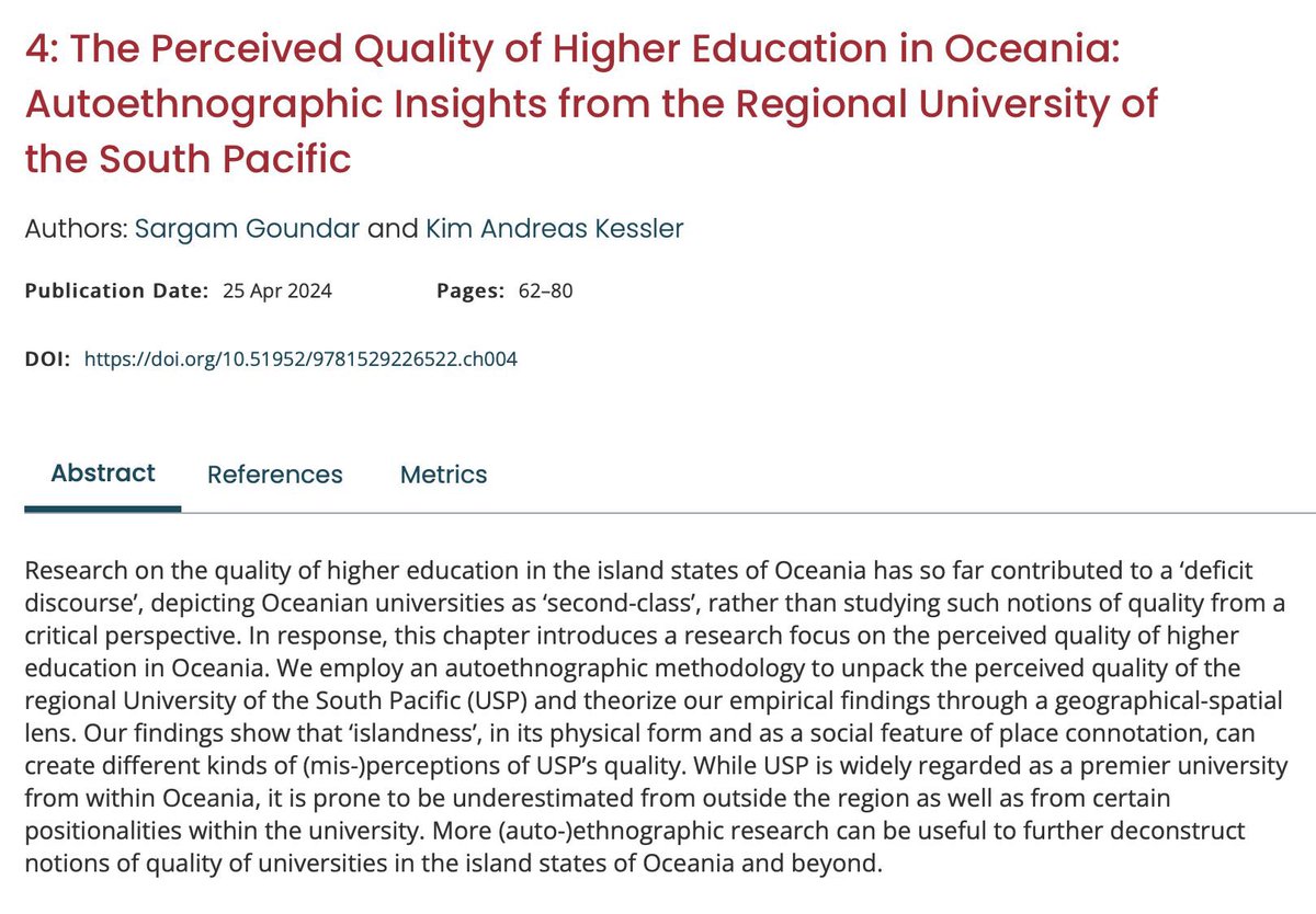 🖌️Ever wondered why some think #universities in the #Pacific cannot compete w/ the 'Oxfords' and 'Harvards' in the international uni landscape? 
Check out our new chapter, authored w/ <a href="/ruralislands/">Kim Andreas Kessler</a>, in which we unpack perceived quality of <a href="/UniSouthPacific/">The University of the South Pacific</a>

bristoluniversitypressdigital.com/edcollchap/boo…