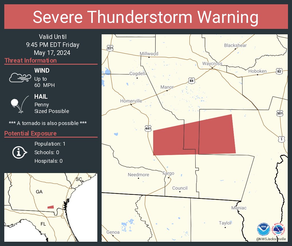 Severe Thunderstorm Warning including Charlton County, GA, Clinch County, GA, Ware County, GA until 9:45 PM EDT