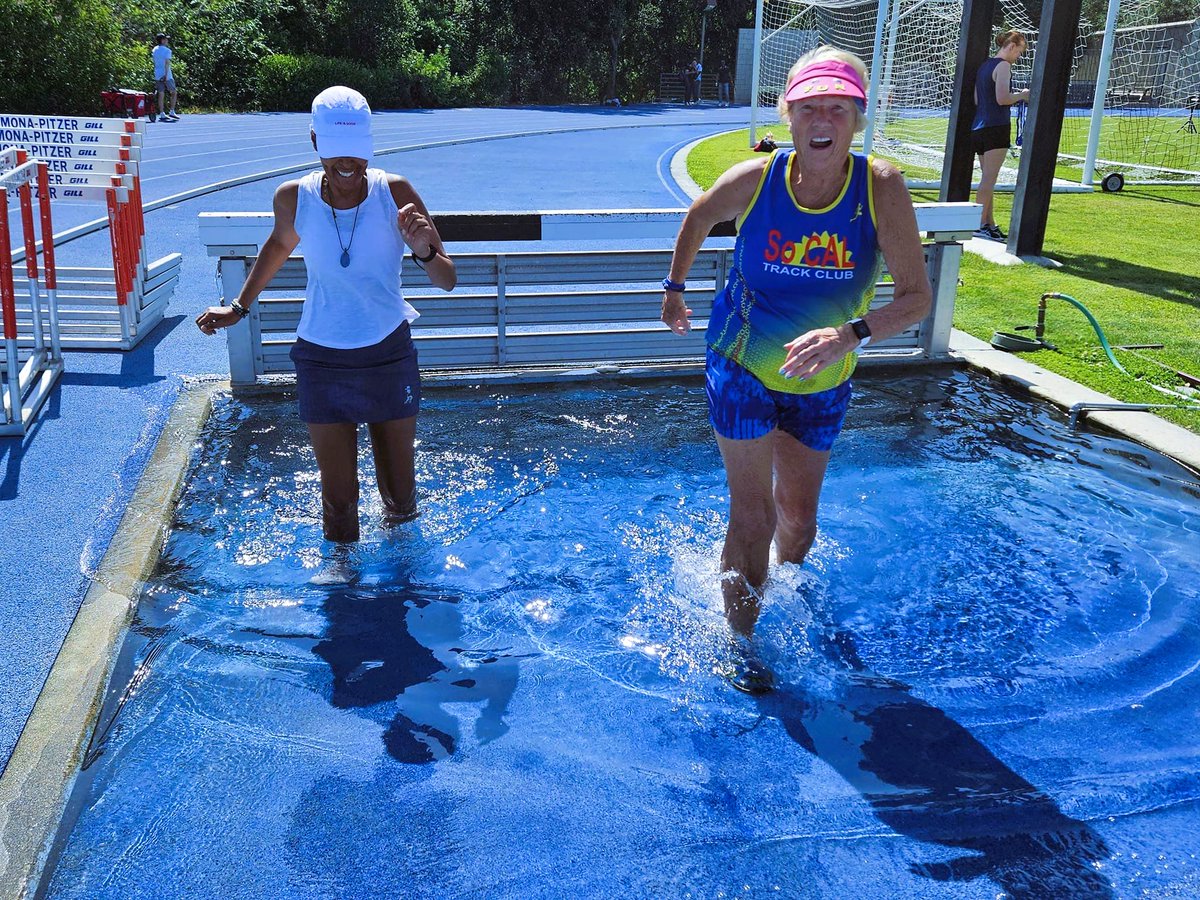 Happy Friday, happy workout weekend. Best wishes to everyone working out and racing.  Remember to SMILE and have FUN!!!  (steeplechase with Darlene Backlund)  #fitover66 #fitover75 #usatf #racewalker #steeplechase #seniorathlete #usatfmasters