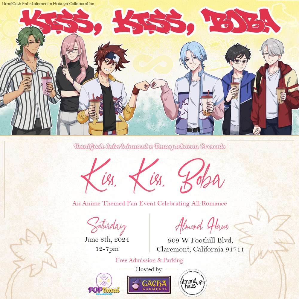 pop_umai's tweet photo. We’re back!! 🥳 

Kiss, Kiss, Boba continues on Saturday, June 8th @ Almond Haus in Claremont, California!

Join us for a day of romance! Meet special guests, cosplay, shop &amp; more!

Register for your free tickets 🔽
https://t.co/Xb04h5bv4J https://t.co/lP7C4DNJjn