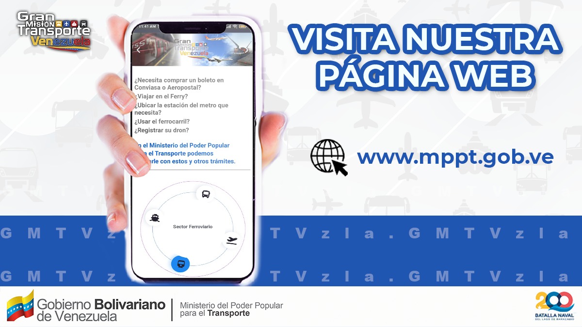 ¿Quieres estar al día con los avances de la Gran Misión Transporte Venezuela? ¡Ingresa a la página web de @TransporteGobVe! Podrás conocer la gestión del Ministro @rvaraguayan 👉 mppt.gob.ve