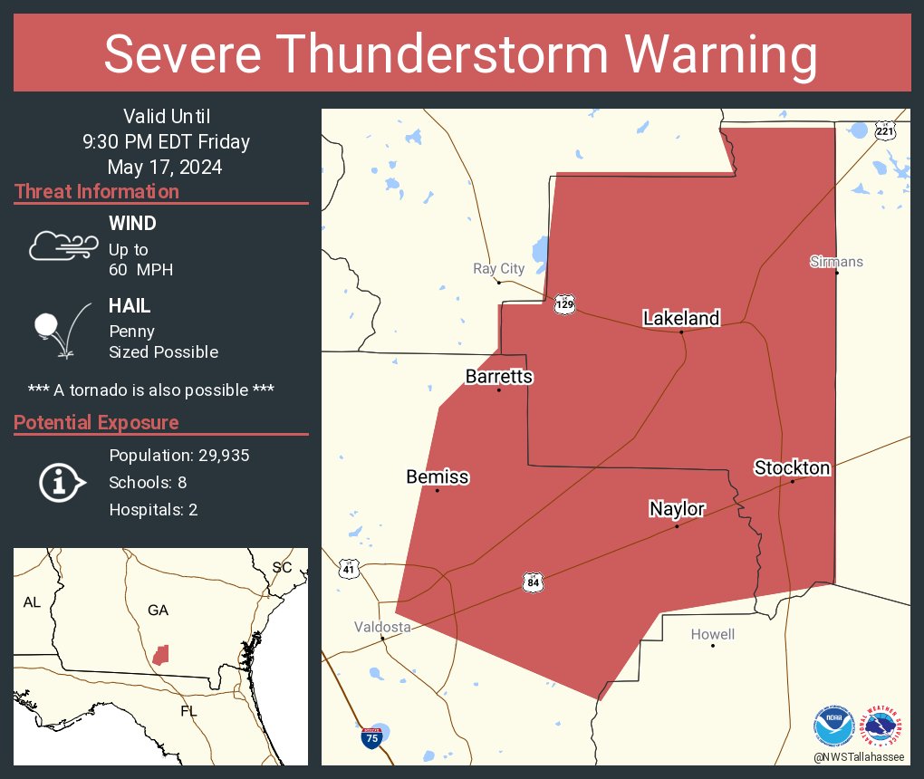 Severe Thunderstorm Warning continues for Lakeland GA, Stockton GA and Bemiss GA until 9:30 PM EDT