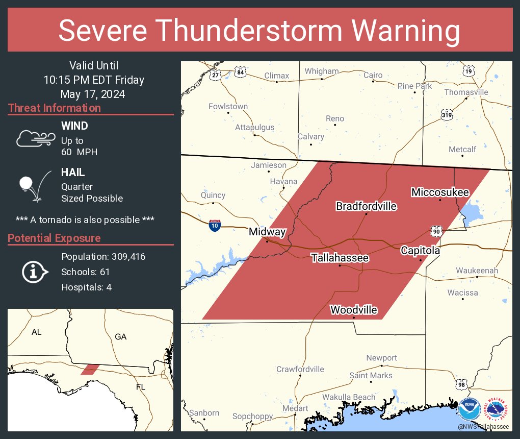 Severe Thunderstorm Warning continues for Tallahassee FL, Midway FL and Woodville FL until 10:15 PM EDT